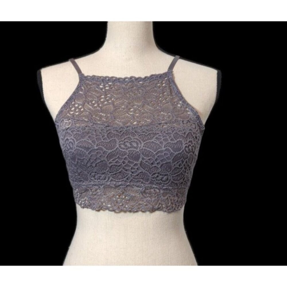 Womens Sz L High Neck Bralette Gray Lace Crochet Adjustable Straps Coquette Girl